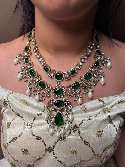 Green Moissanite Layered Pendant Necklace Set