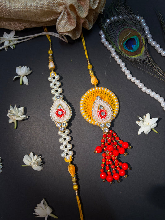 Saffron Pearl Handmade Bhaiya Bhabhi Rakhi Set