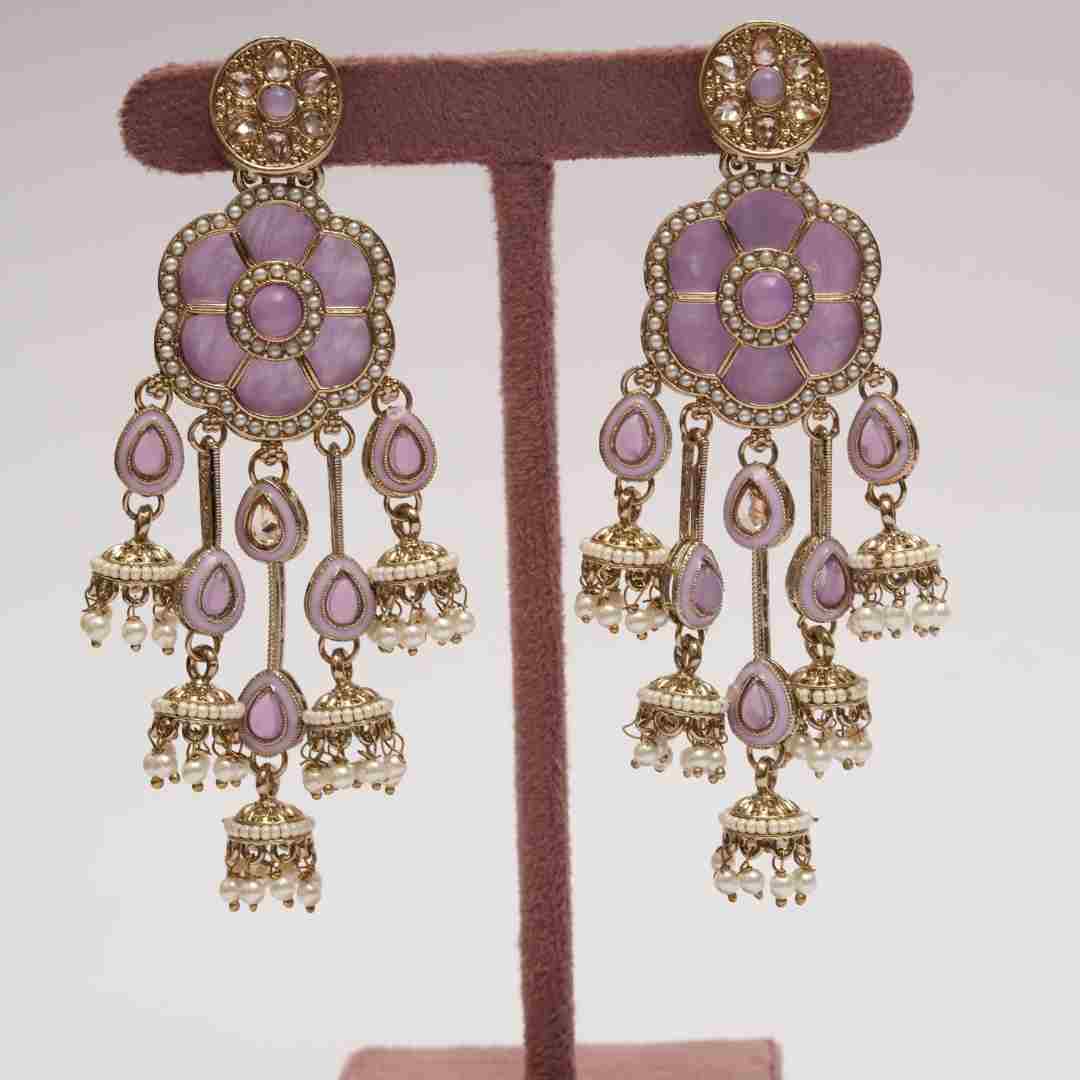 Lavender Floral Kundan Jhumka Earrings