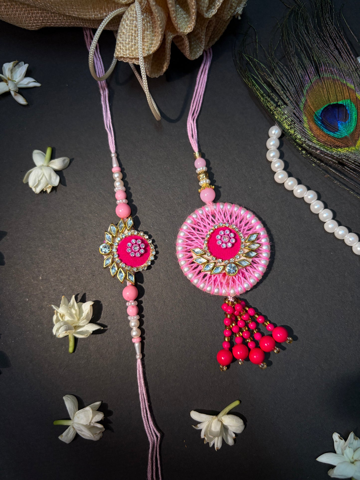 Pink Pearl Charm Bhaiya Bhabhi Rakhi Set