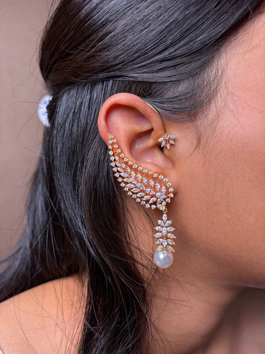 Diamond Wing Style Pearl drop Earcuff Earrings (Golden)