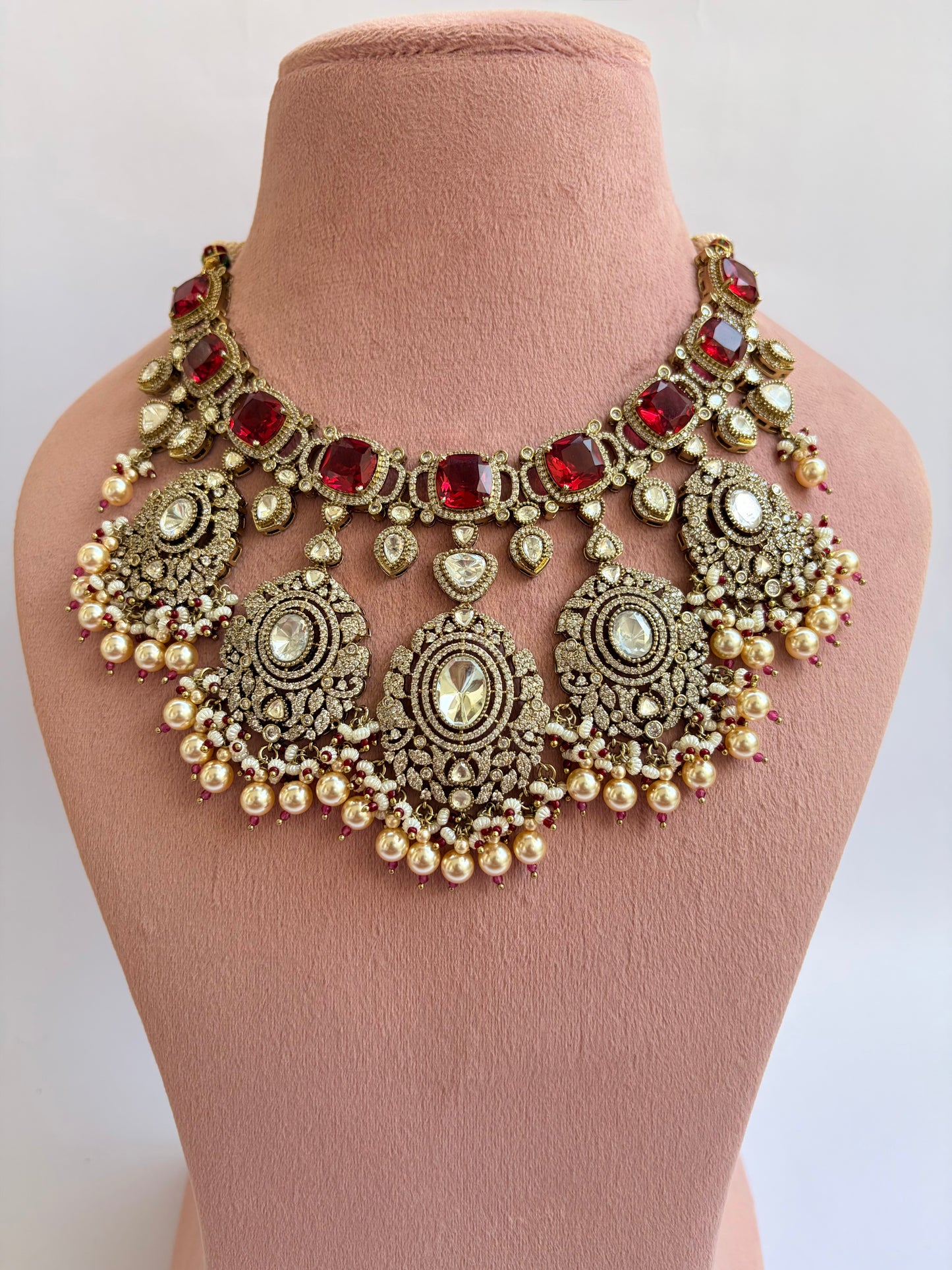 Premium Finish Ruby Moissanite Kundan Bridal Necklace
