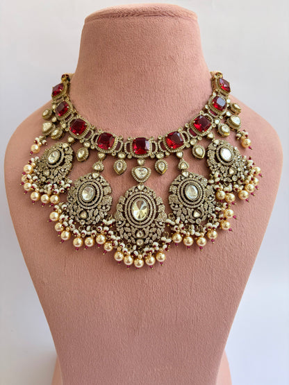 Premium Finish Ruby Moissanite Kundan Bridal Necklace