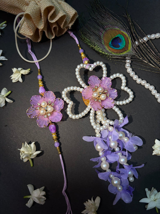 Lavender Pearl Floral Bhaiya Bhabhi Rakhi Set