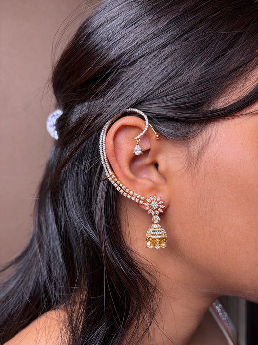 Minimal Diamond Jhumka Earcuff Earrings (Golden)