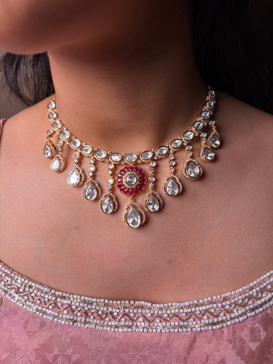 Ruby Flowered Falling Moissanite Necklace