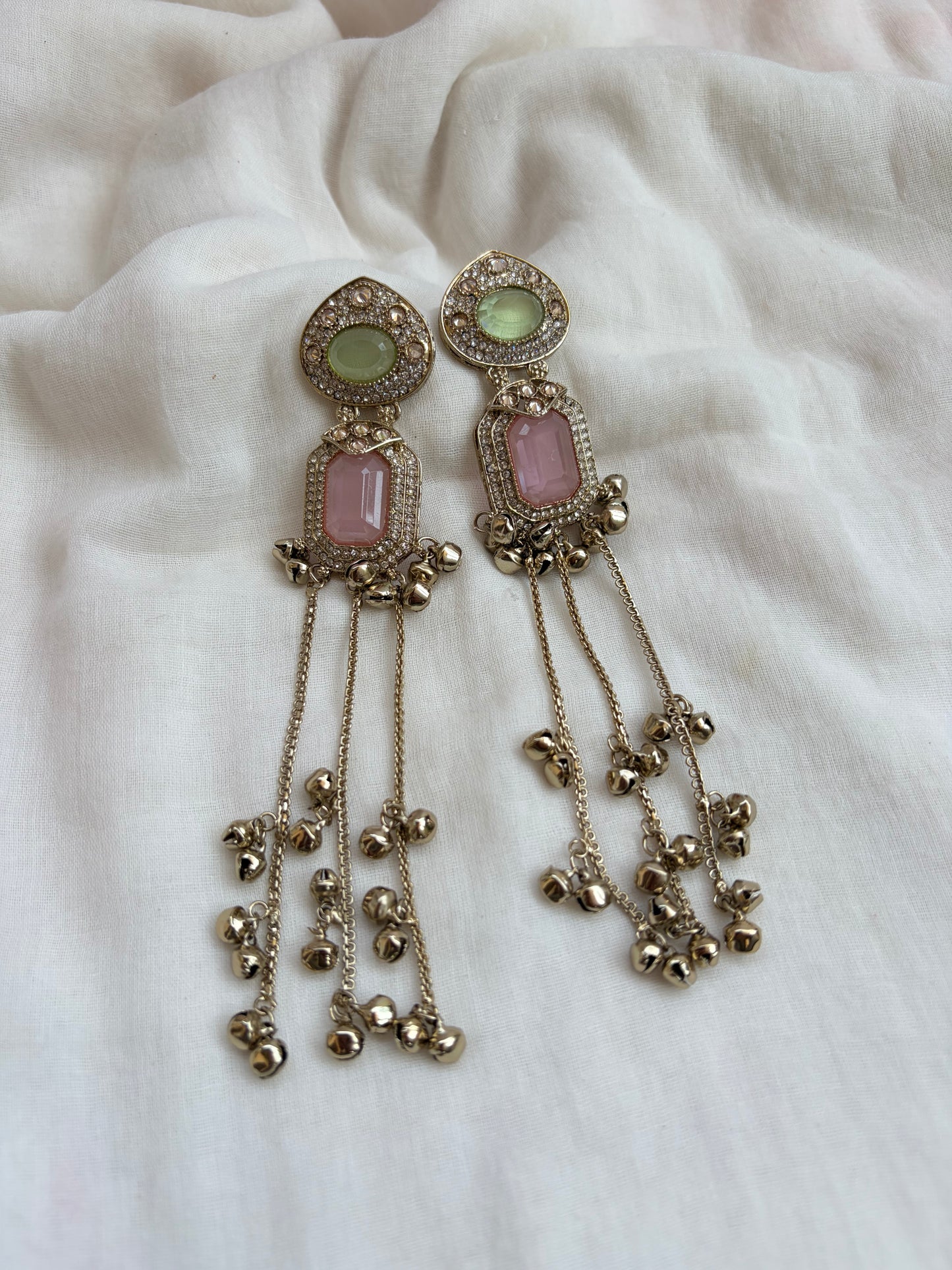 Pink Green Kashmiri Long Earrings