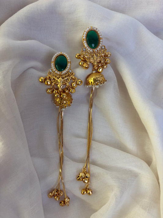 Green Stone Sleek Kashmiri Chain Earrings