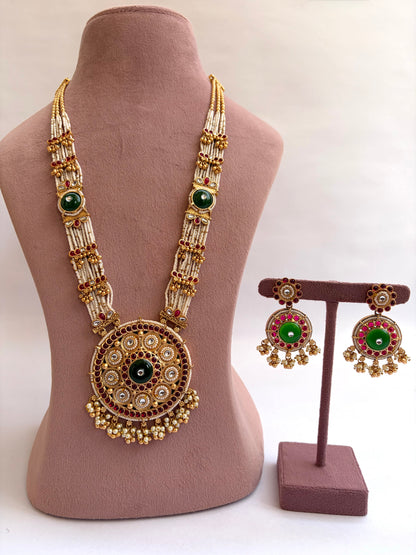 Pearl Work Long Necklace Circular Dial