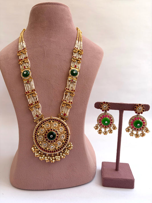 Pearl Work Long Necklace Circular Dial