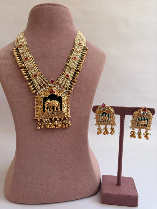 Statement Elephant Heritage Mid-Length Pearl Mala Necklace