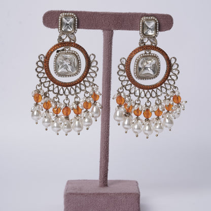 Orange Beads Kundan Jhumkas