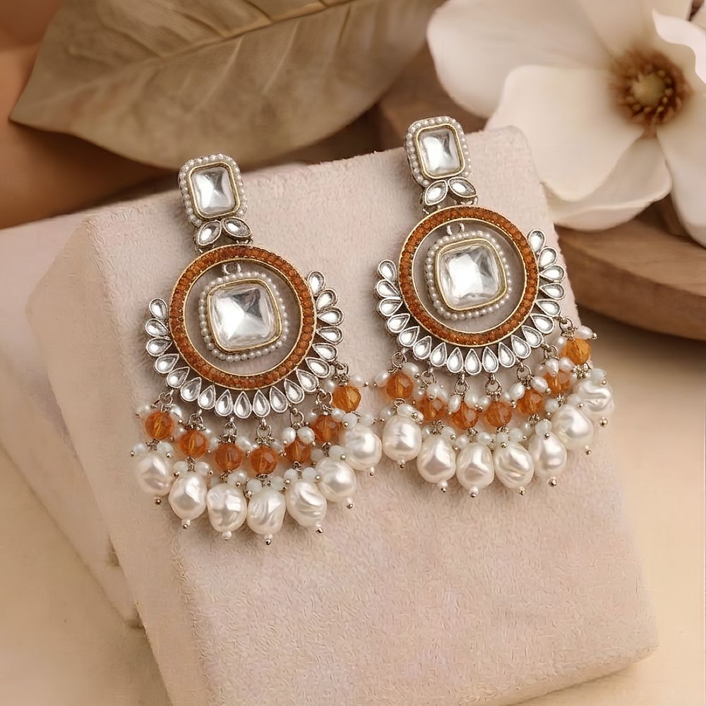 Orange Beads Kundan Jhumkas