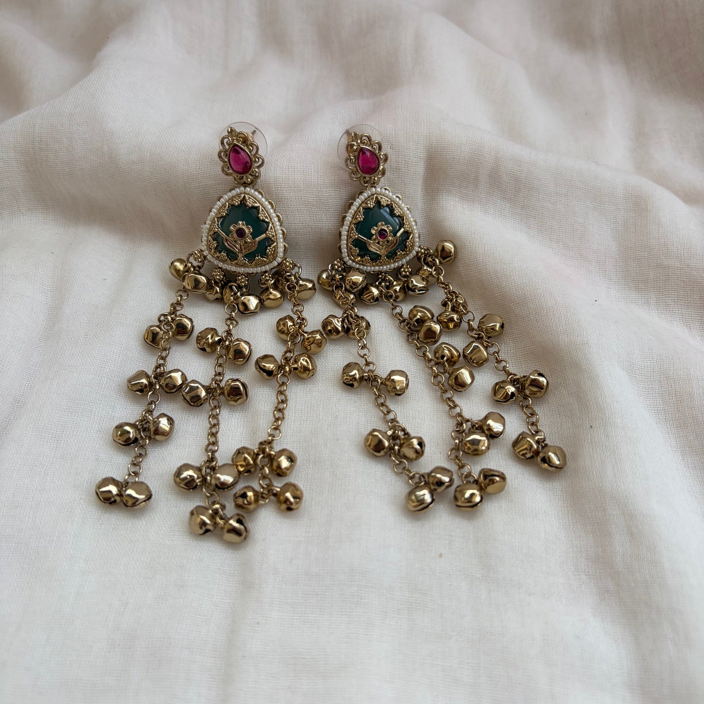 Heritage Long Kashmiri Kundan Green Stone Earrings