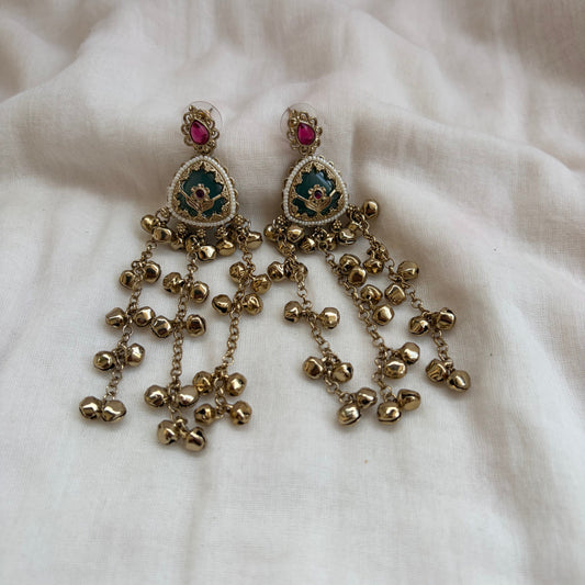 Heritage Long Kashmiri Kundan Green Stone Earrings
