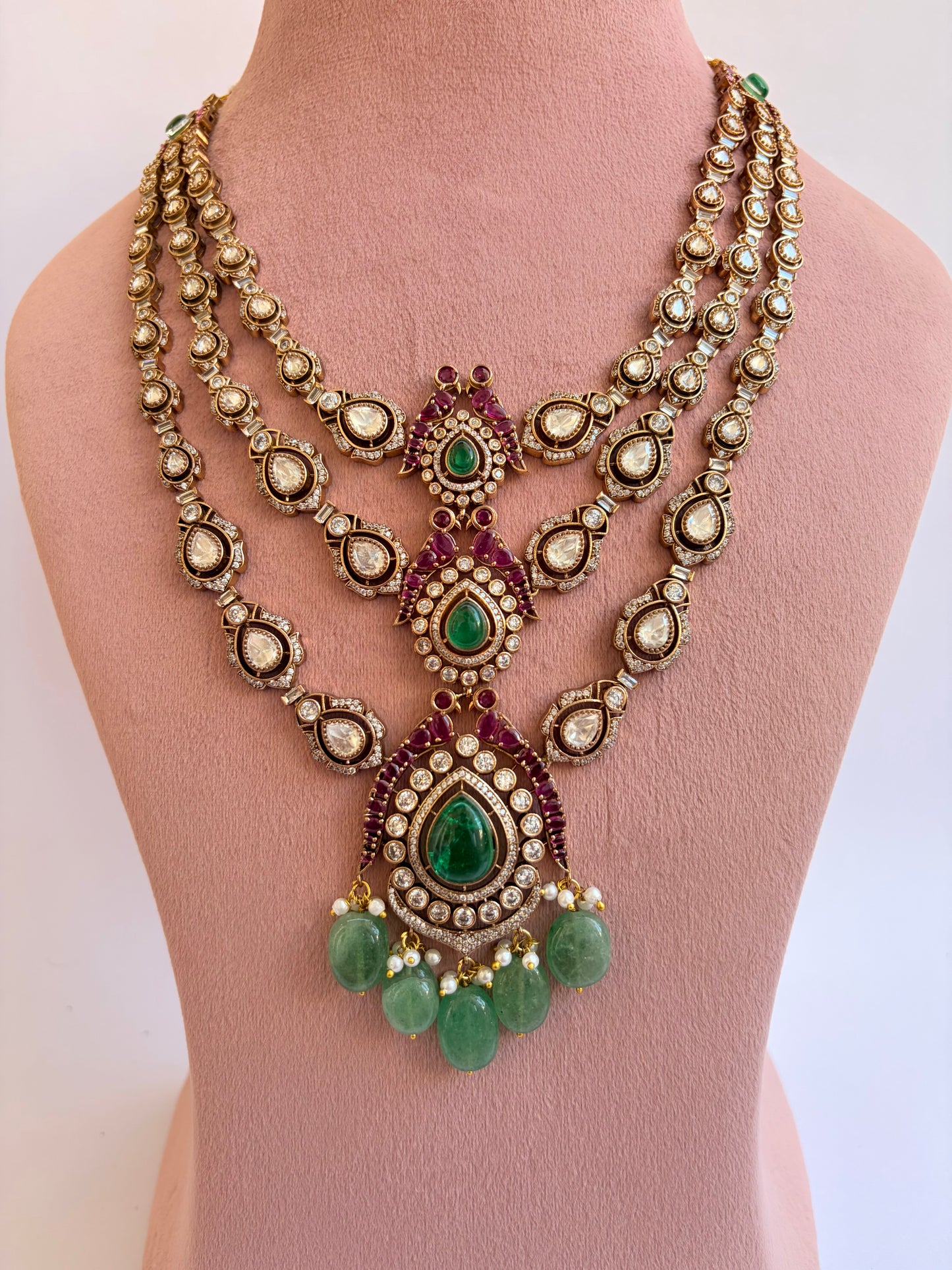 Pink Green Moissanite Long Bridal Necklace