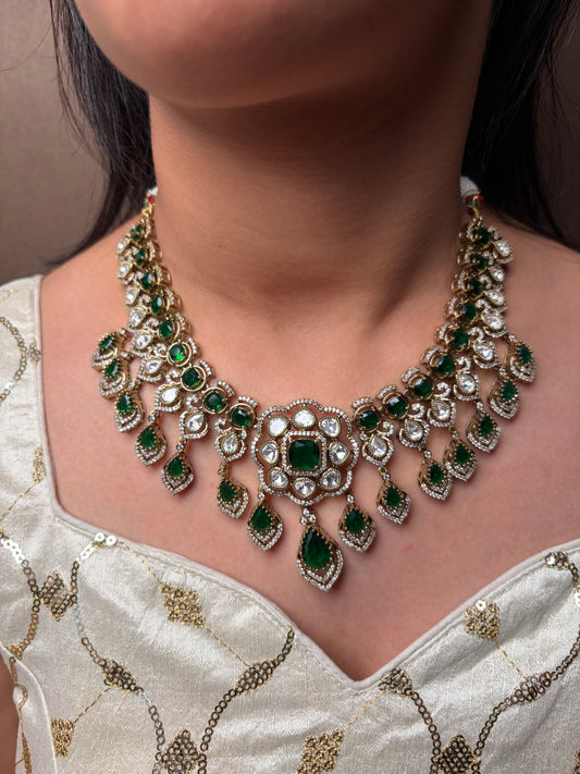 Green Moissanite Floral Semi Bridal Necklace