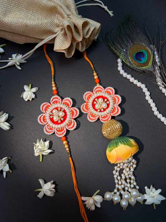 Orange Handcrafted Pearl Flower Pair Rakhi