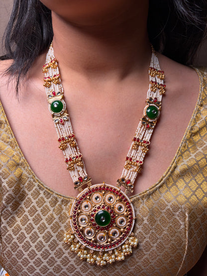 Pearl Work Long Necklace Circular Dial