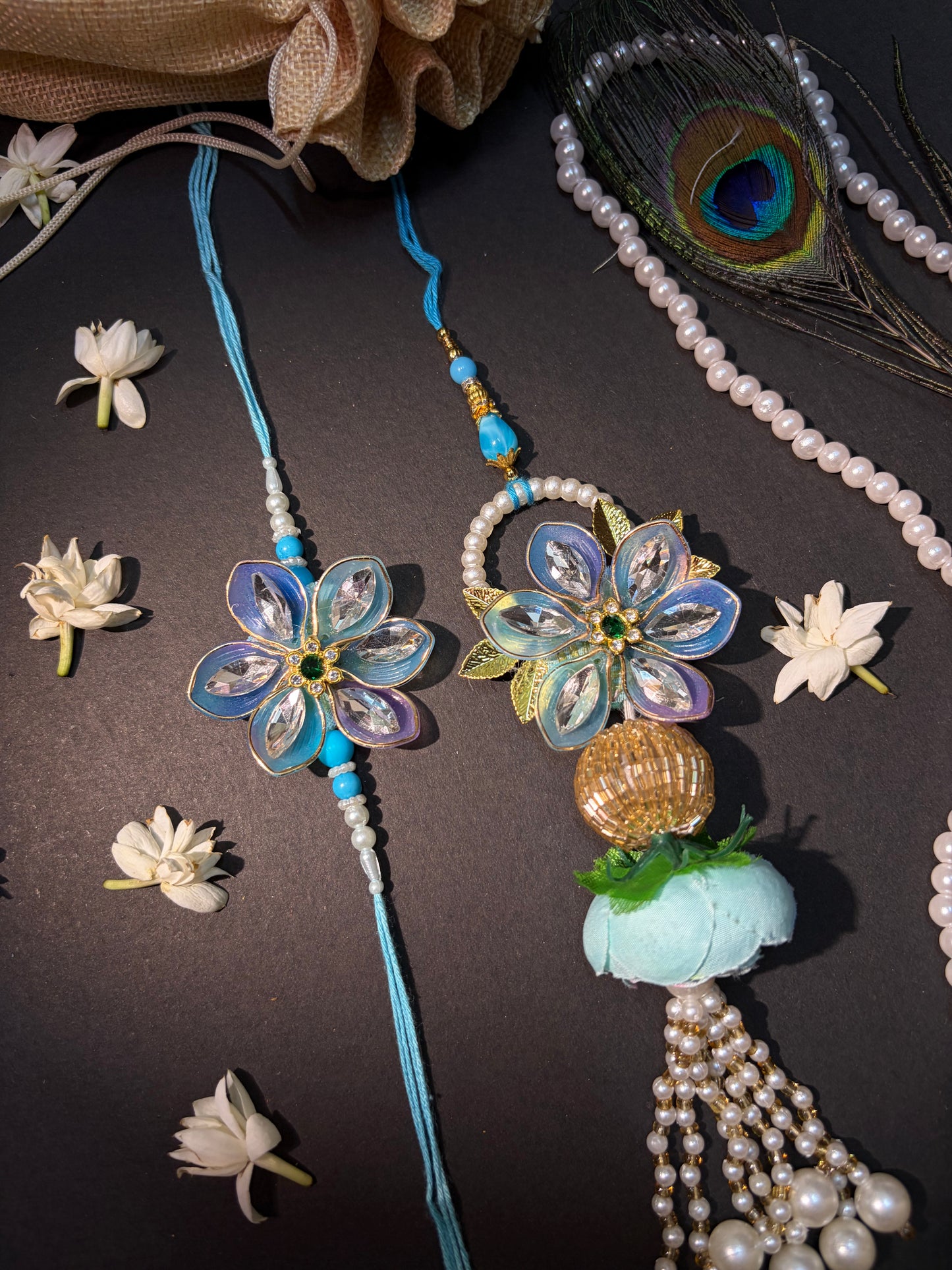 Blue Mirror Crafted Fancy Bhaiya Bhabhi Rakhi Set