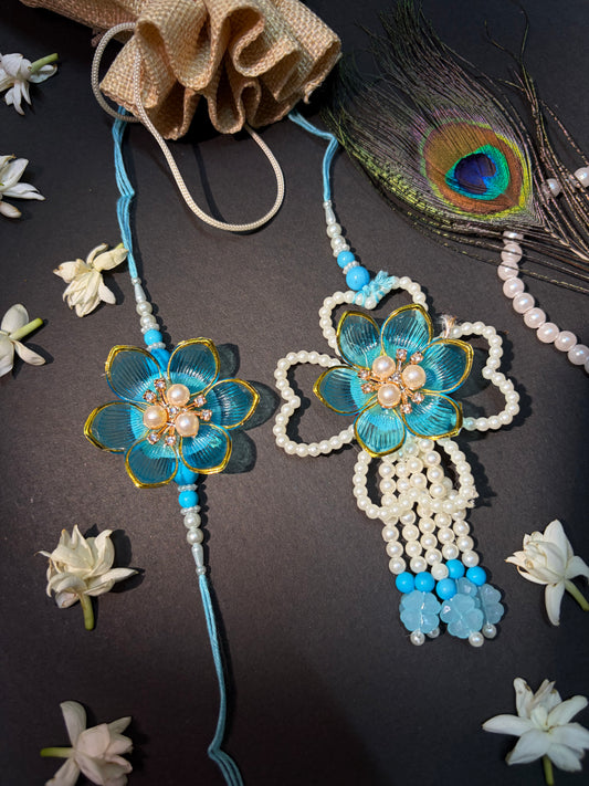 Aqua Blossom Pearl Bhaiya Bhabhi Rakhi Set