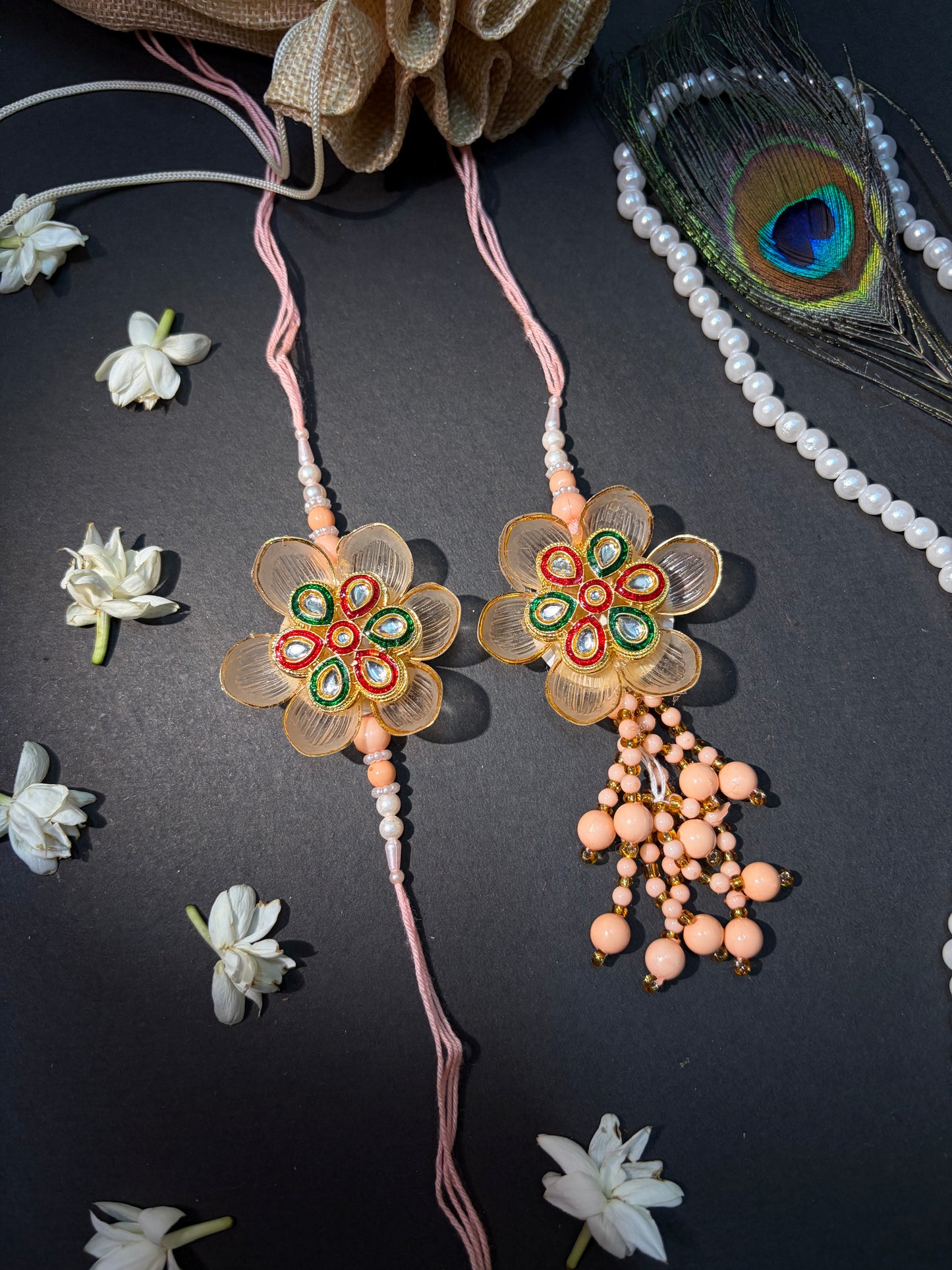 Peach Blossom Kundan Meena Bhaiya Bhabhi Rakhi Set