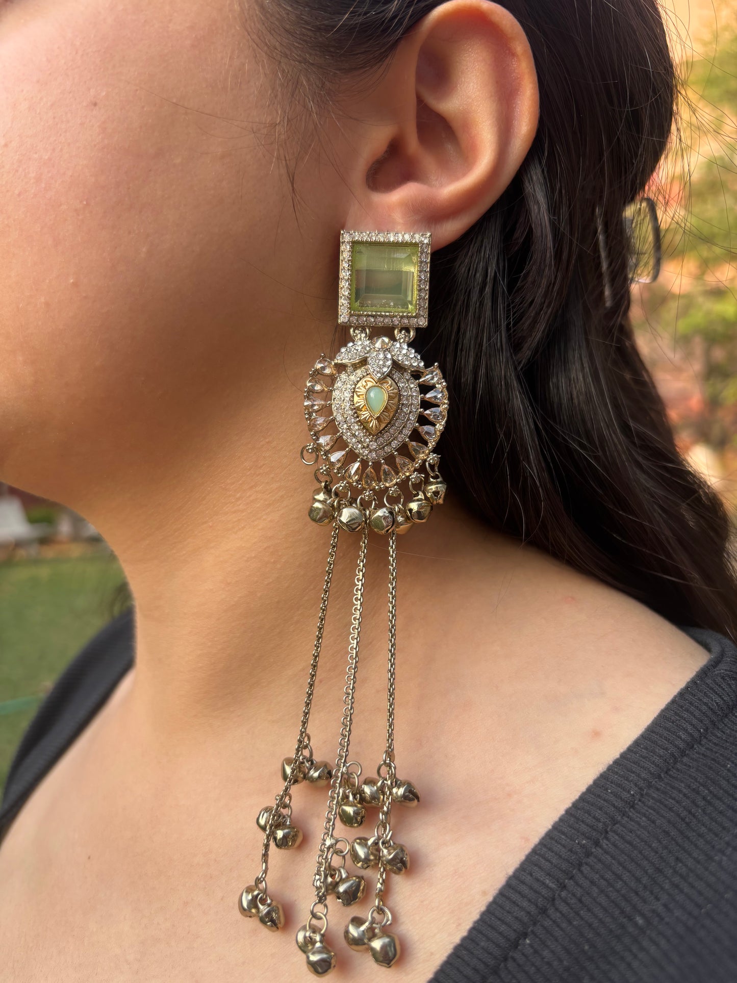 Green Kashmiri Long Earrings With Diamond Look