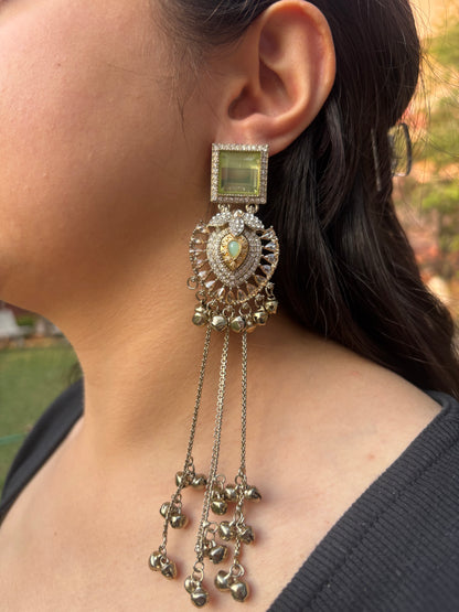 Green Kashmiri Long Earrings With Diamond Look