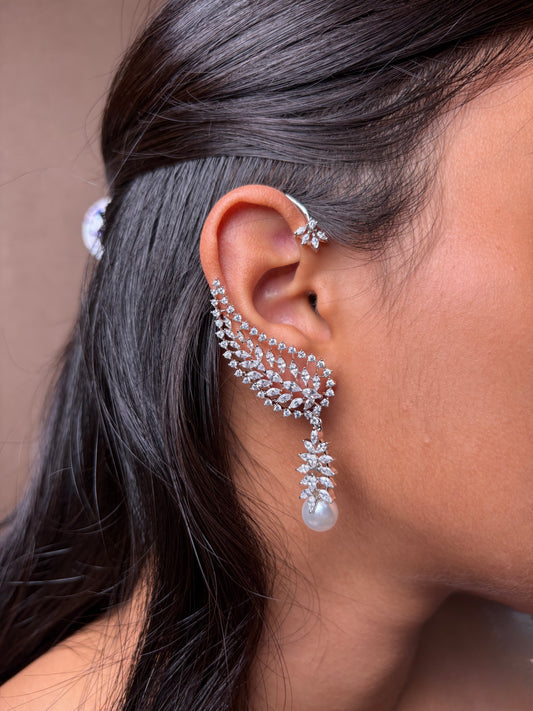 Diamond Wing Style Pearl drop Earcuff Earrings (Silver)