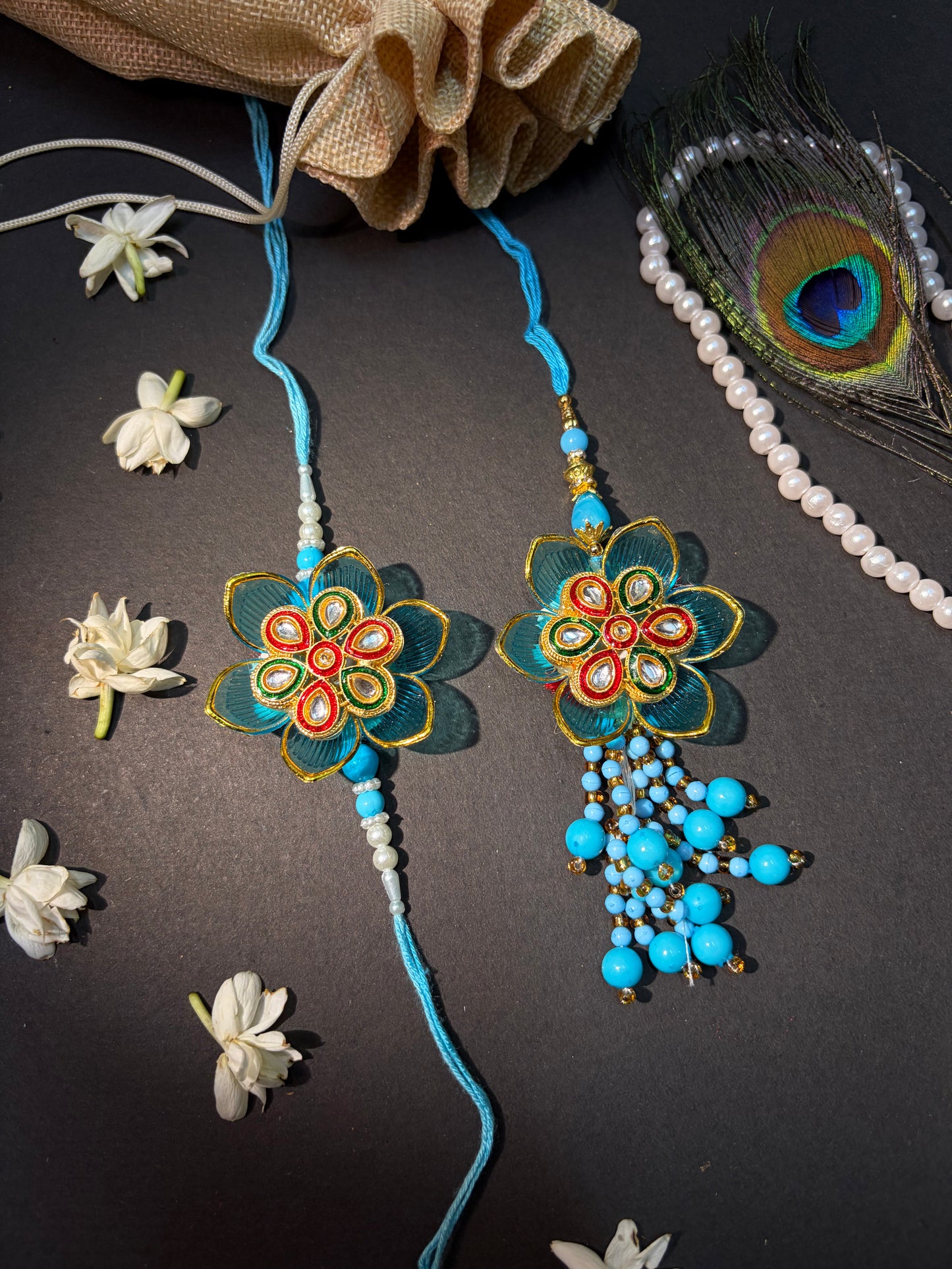 Blue Blossom Kundan Meena Bhaiya Bhabhi Rakhi Set