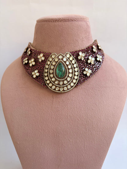 Maroon Moissanite Bridal Choker Necklace Set
