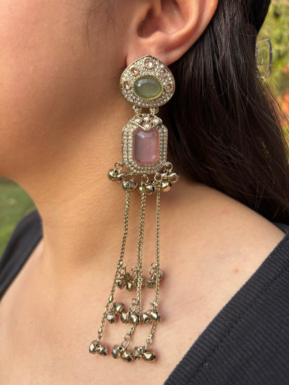 Pink Green Kashmiri Long Earrings