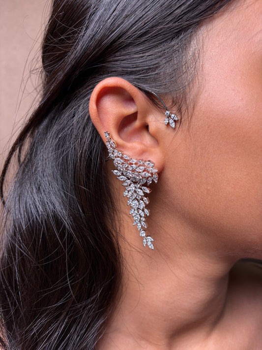 Diamond Earcuff Long Drop Earrings (Silver)