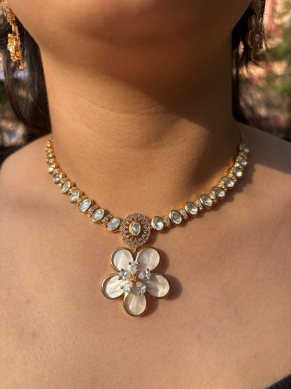 Moissanite Diamond MOP Floral Necklace