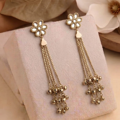 Minimal Long Kashmiri Diamond Work Flower Earrings