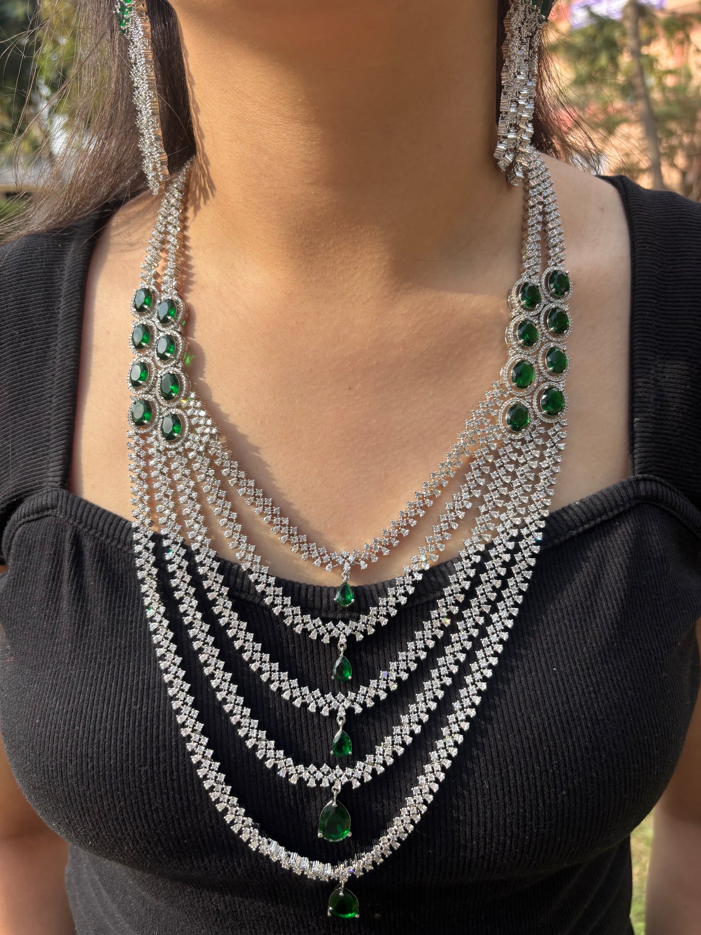 Diamond Style Layered Emerald Necklace