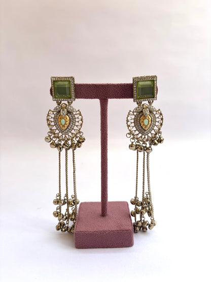 Green Kashmiri Long Earrings With Diamond Look