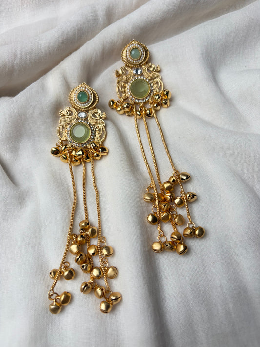 Pastel Green Stone Gold Kashmiri Earrings