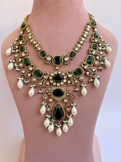 Green Moissanite Layered Pendant Necklace Set