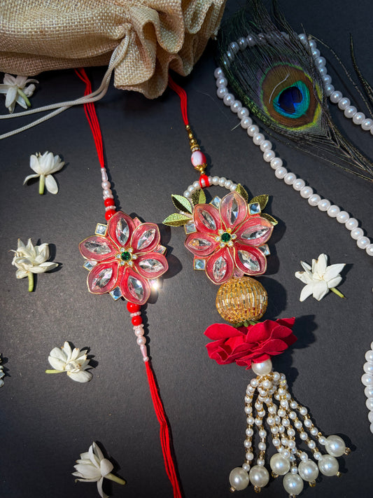 Red Mirror Crafted Fancy Bhaiya Bhabhi Rakhi Set