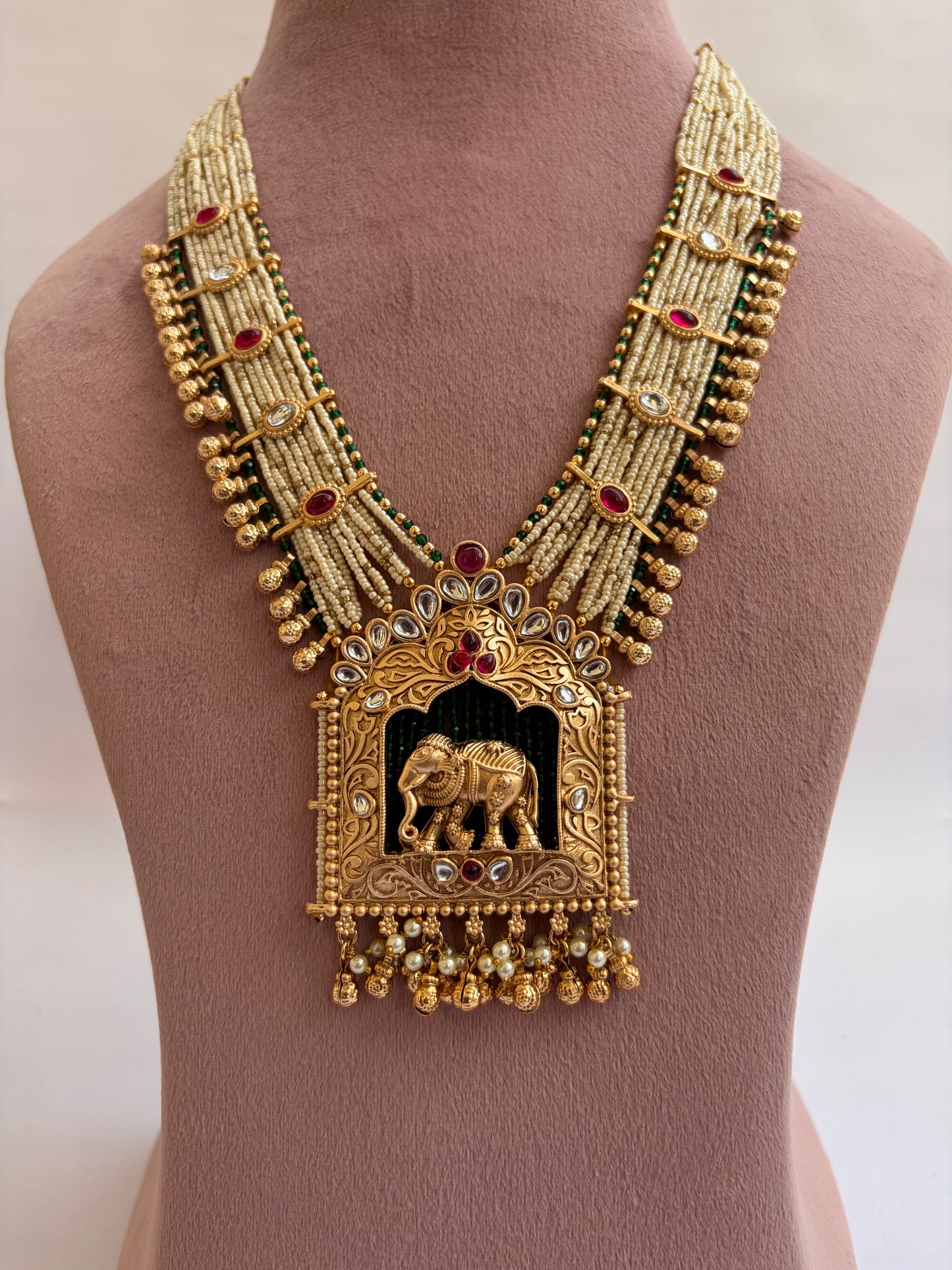 Statement Elephant Heritage Mid-Length Pearl Mala Necklace