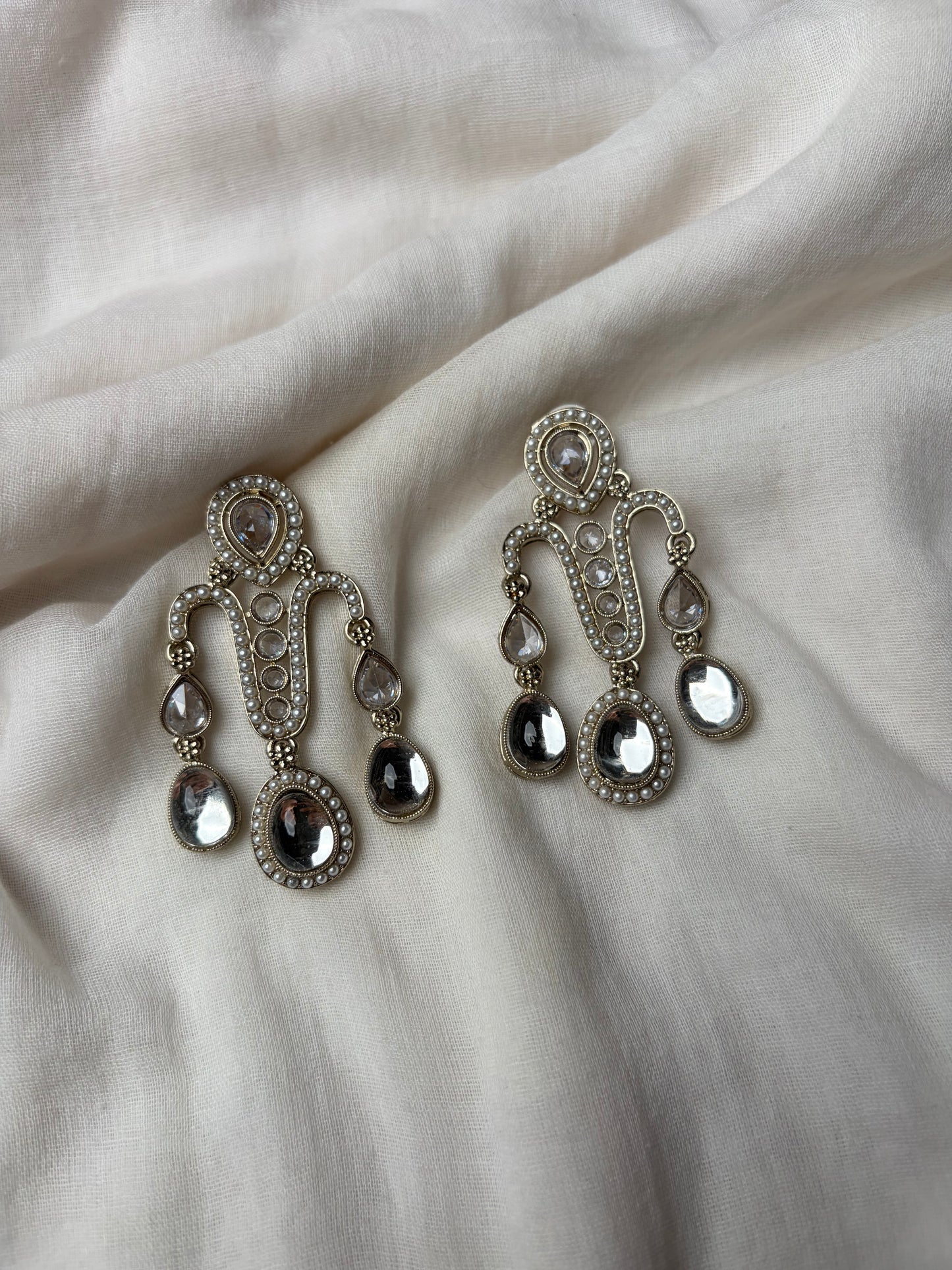 Neutral Shade Silver Polki Drop Earrings
