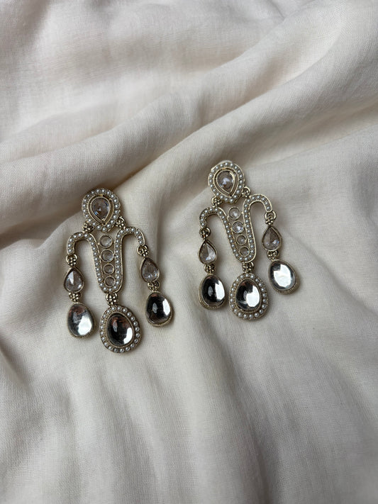 Neutral Shade Silver Polki Drop Earrings