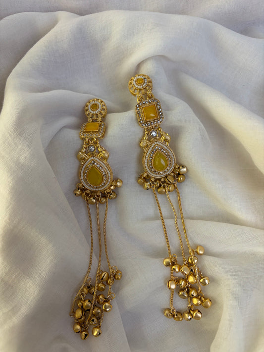 Yellow Kundan Long Kashmiri Ghumgroo Earrings