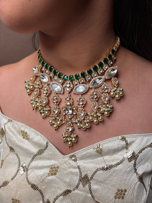 Green Moissanite Kundan Bridal Necklace Set