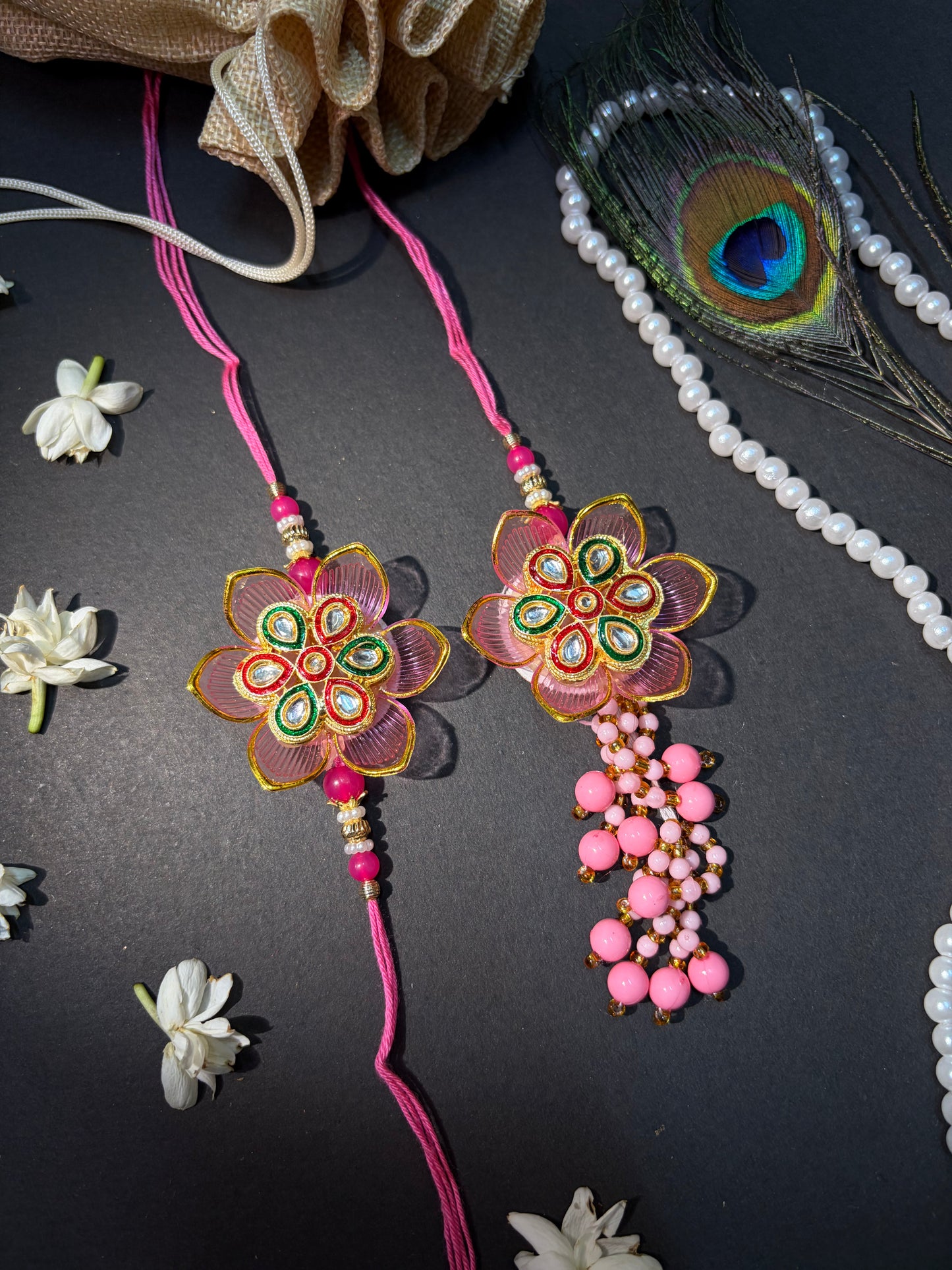 Pink Blossom Kundan Meena Bhaiya Bhabhi Rakhi Set