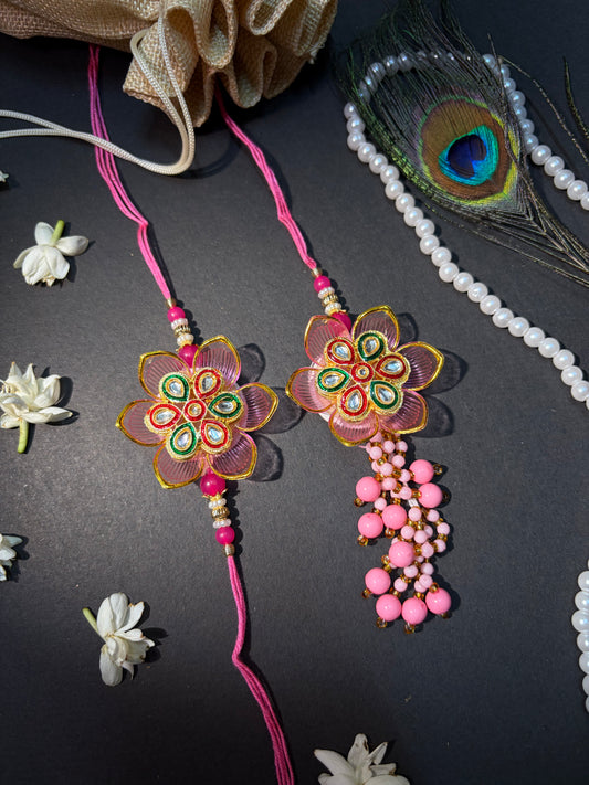 Pink Blossom Kundan Meena Bhaiya Bhabhi Rakhi Set