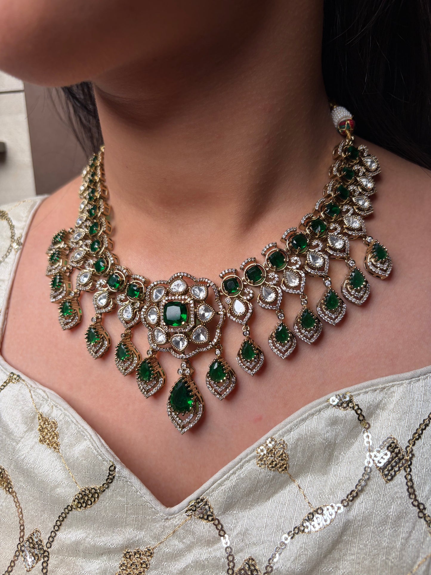 Green Moissanite Floral Semi Bridal Necklace