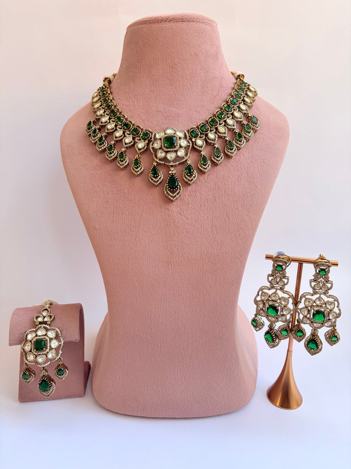Green Moissanite Floral Semi Bridal Necklace