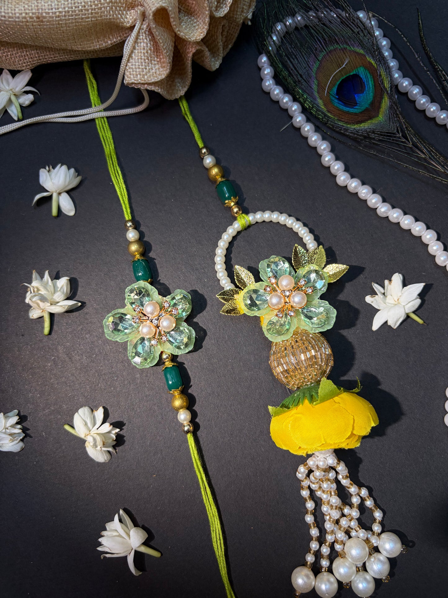 Mint Crystal Handcrafted Bhaiya Bhabhi Rakhi Set